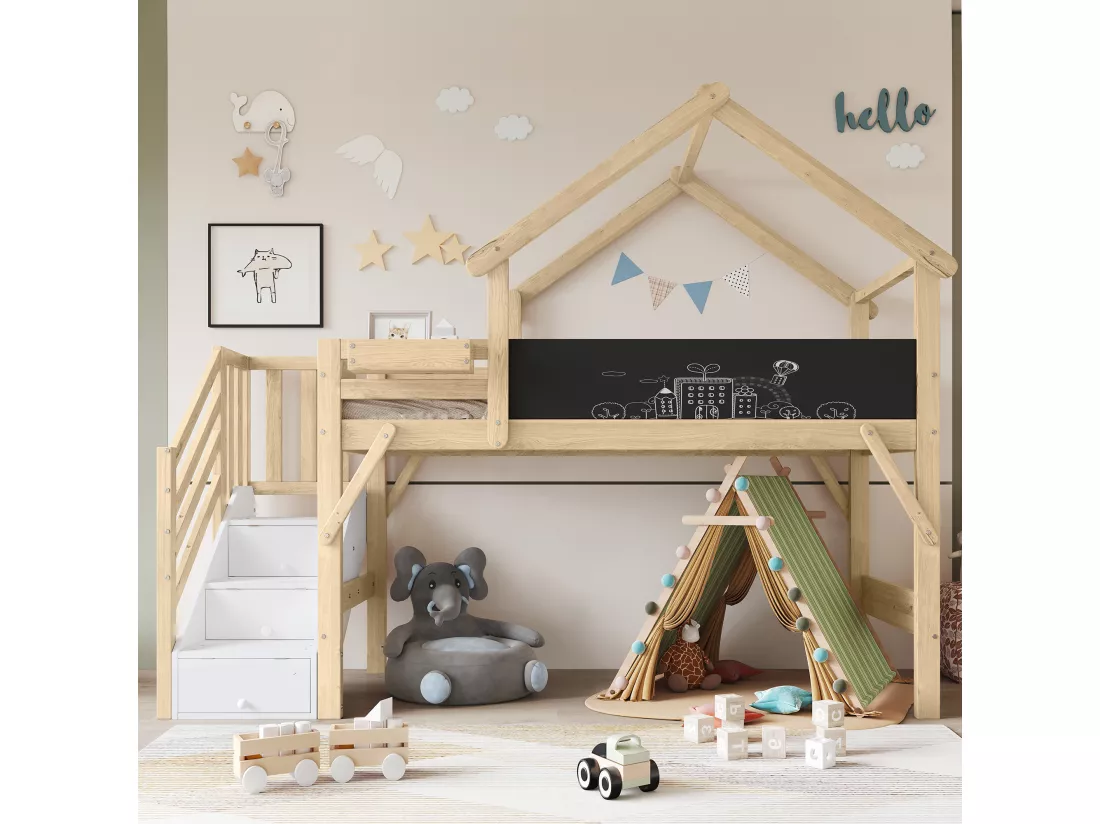 Lit mezzanine enfant - 90 x 200 cm - avec 3 rangements dans l'escalier - pin+MDF - blanc
