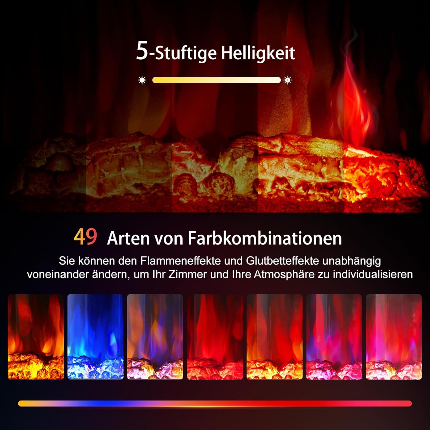 INMOZATA Elektrokamin mit Heizung Panorama-Sichtfenster Elektrischer Kamin mit 8 LED Flammeneffekt und Ember Bett Effekt, WiFi APP 900/1800W Kaminfeuer Elektrisch mit 45° Kippschutz & Thermostat