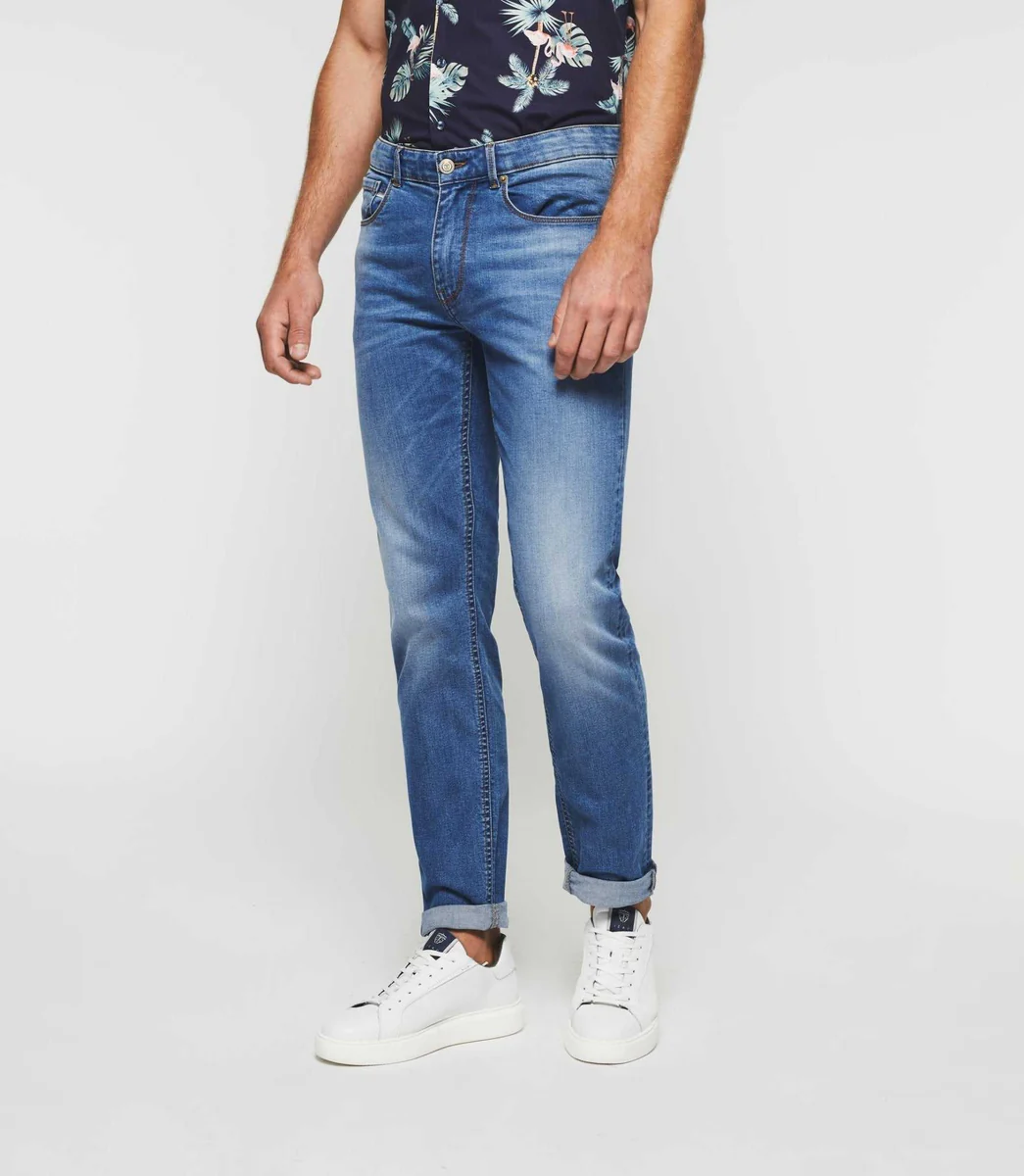 Jean slim délavé  en coton recyclé bleu moyen 