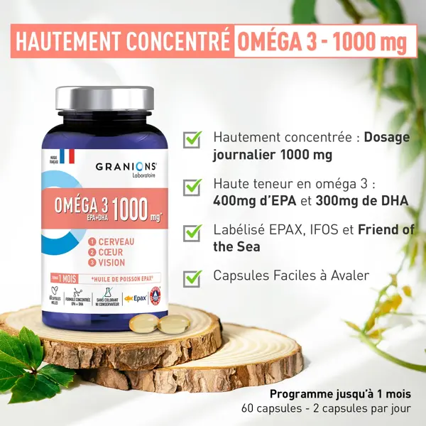 GRANIONS Ômega 3 1000mg - Alta concentração de EPA, DHA e Vitamina E, 60 cápsulas