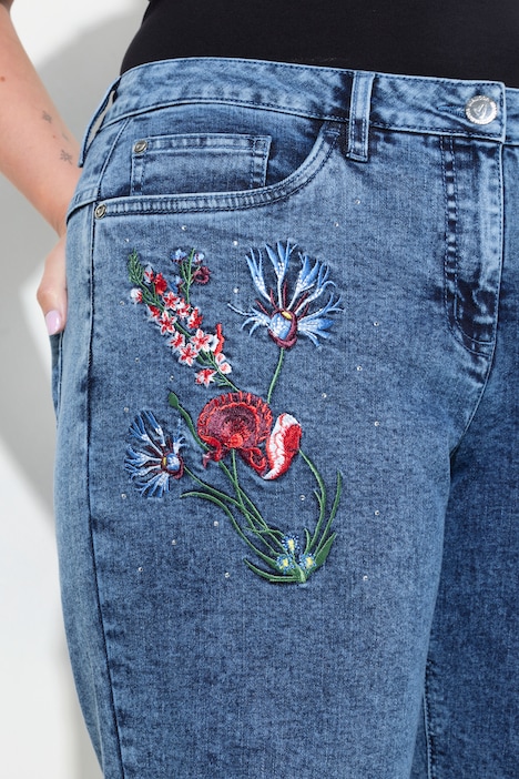 Jeans, Loose Fit, Blumen-Stickerei, 5-Pocket