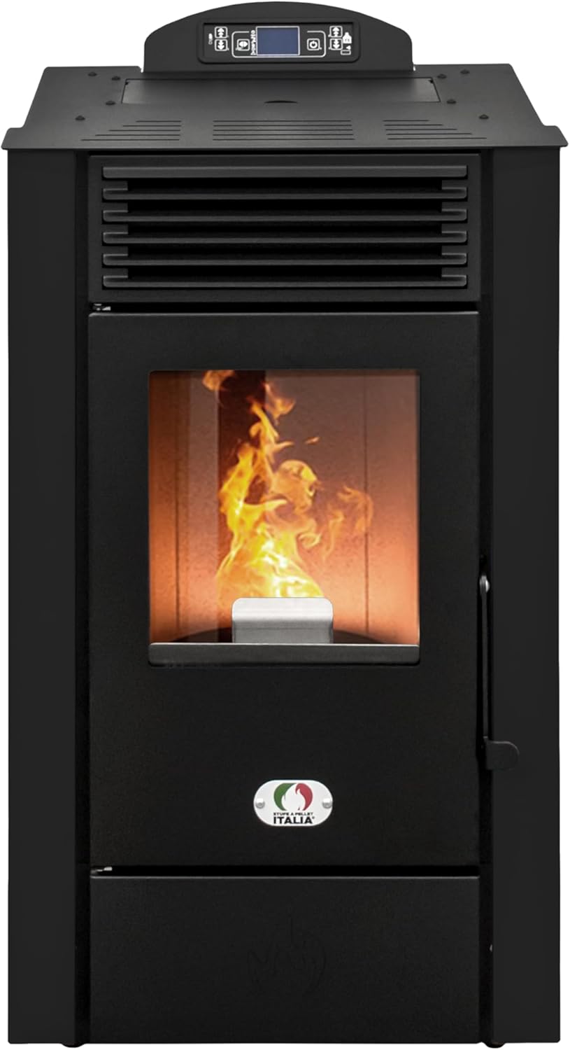 STUFE A PELLET ITALIA Alaska 10 KW | Pelletöfen mit Belüftung Effizienz 91% Heizt 85m² Autonomie 20 Sdt. Programmierbar 5 Geschwindigkeiten und Kräfte 24M Garantie Schwarz
