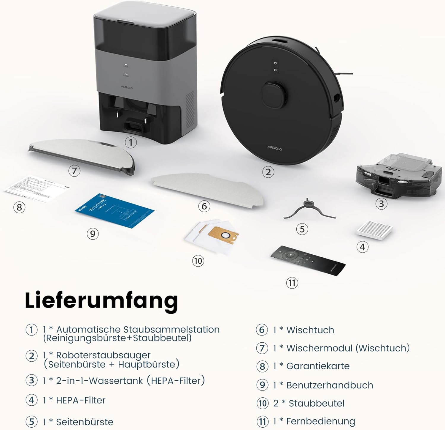 AIRROBO T20 Robot Aspirateur Laveur, Aspirateur Robot avec 3.5 L Station et Navigation LiDAR Cartographie 180min Autonomie pour Poil Animaux, Cheveux, Poussière et Moquettes, APP Télécommande Contrôle