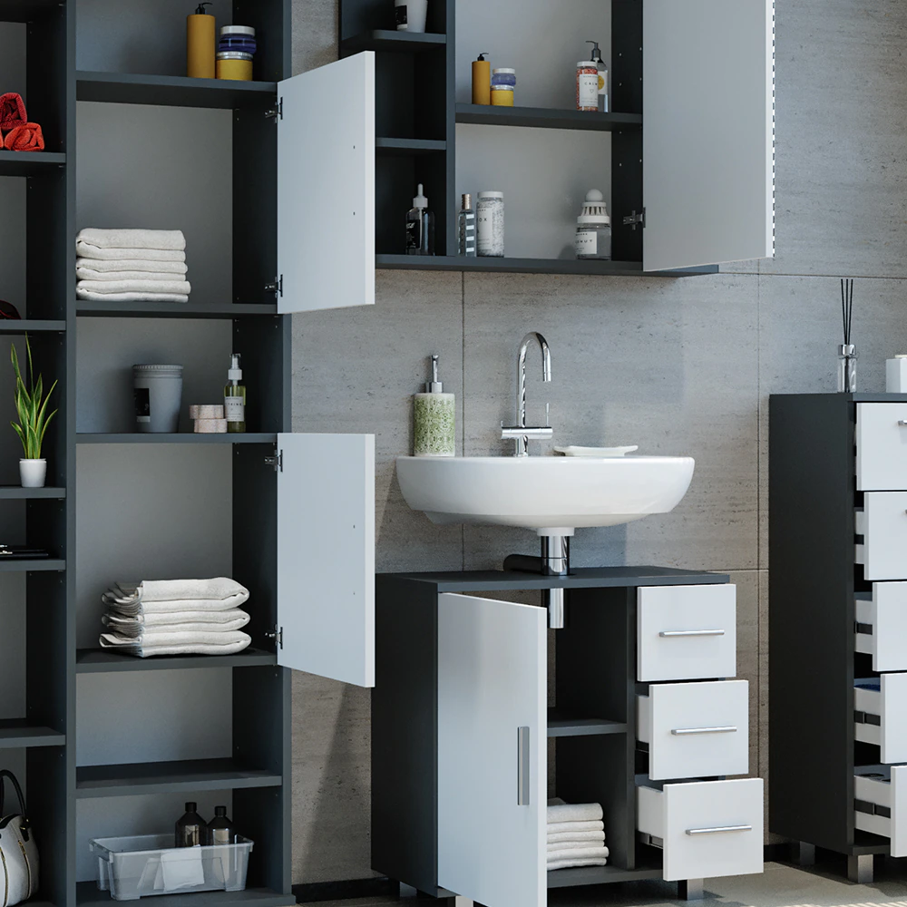 VICCO Badmöbel Set ILIAS Weiß Anthrazit Spiegel Kommode Unterschrank Badschrank