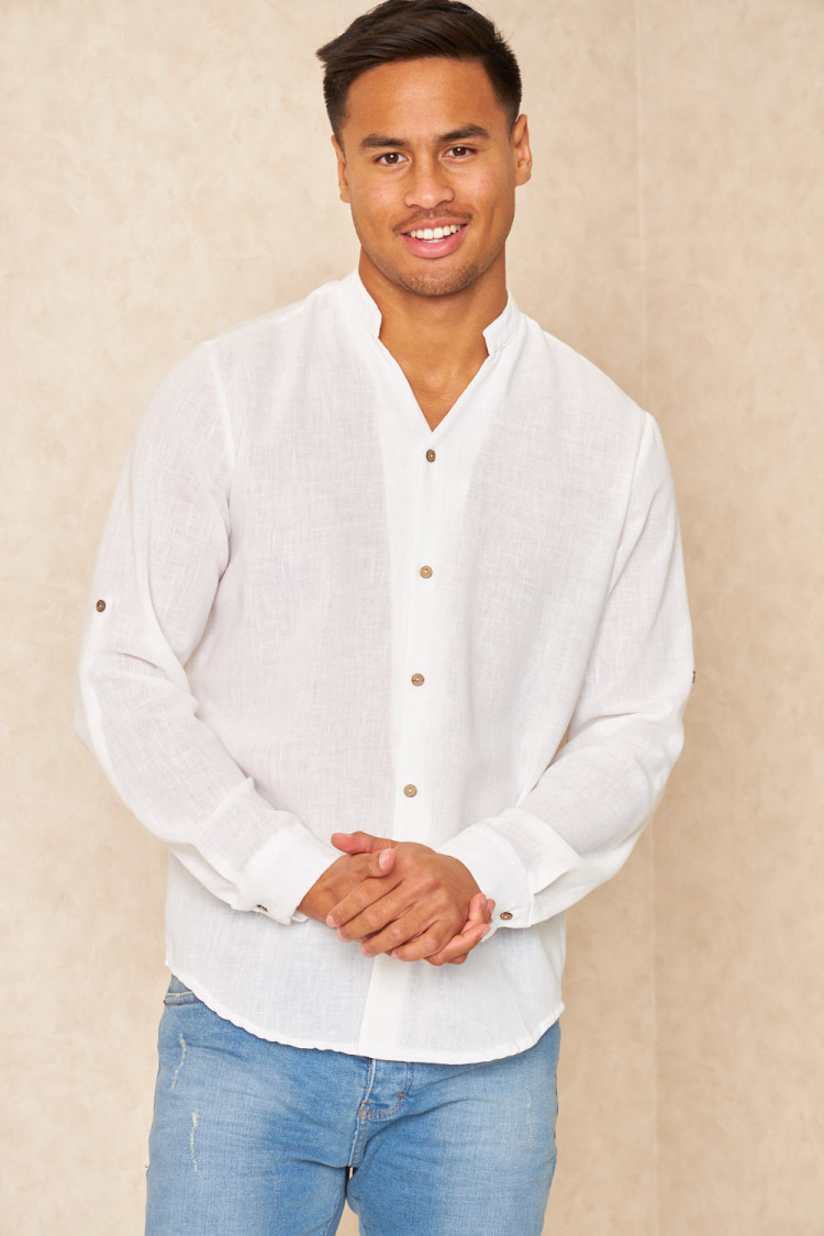 Chemise fluide col V mao texture lin blanc