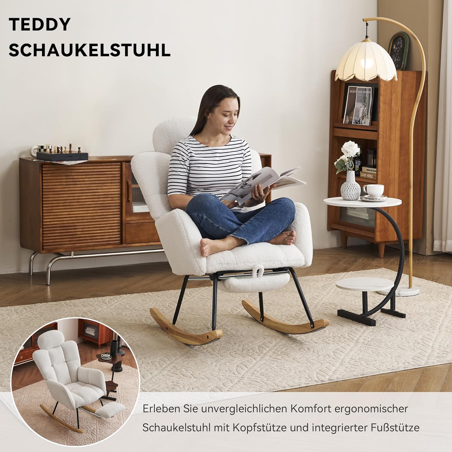 Schaukelstuhl mit Hocker und Kopfstütze, Teddy Stillsessel mit Fußstütze, Großer Sessel zum Stillen, Bequem Lesesessel Holz für Wohnzimmer Schlafzimmer, Weiß