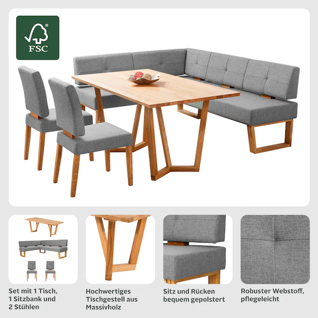 Home affaire Eckbankgruppe »Ponza Eckbank Küchenbank BESTSELLER« Set, 4 Stk. tlg. Sitzgruppe Esszimmer Stühle Tisch und Bank bequem gepolstert