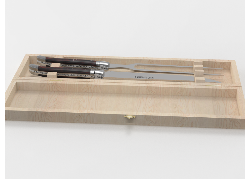 Service à viande Laguiole avec un manche en bois d'amourette et mitres en acier inoxydable