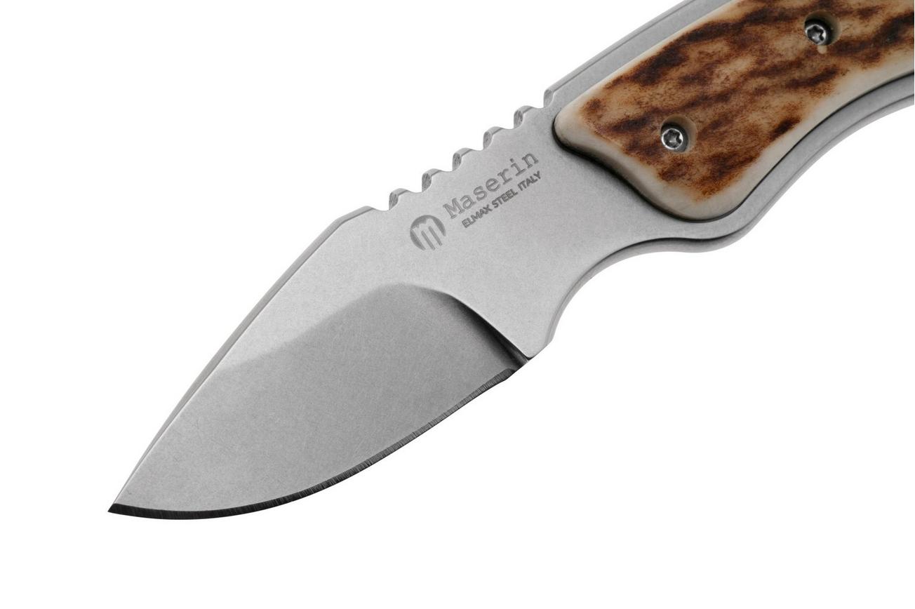 Maserin Mini Trapper 924-CV-1 Stonewashed Elmax, Stag Horn, Leather Button Sheath, klein vaststaand jachtmes