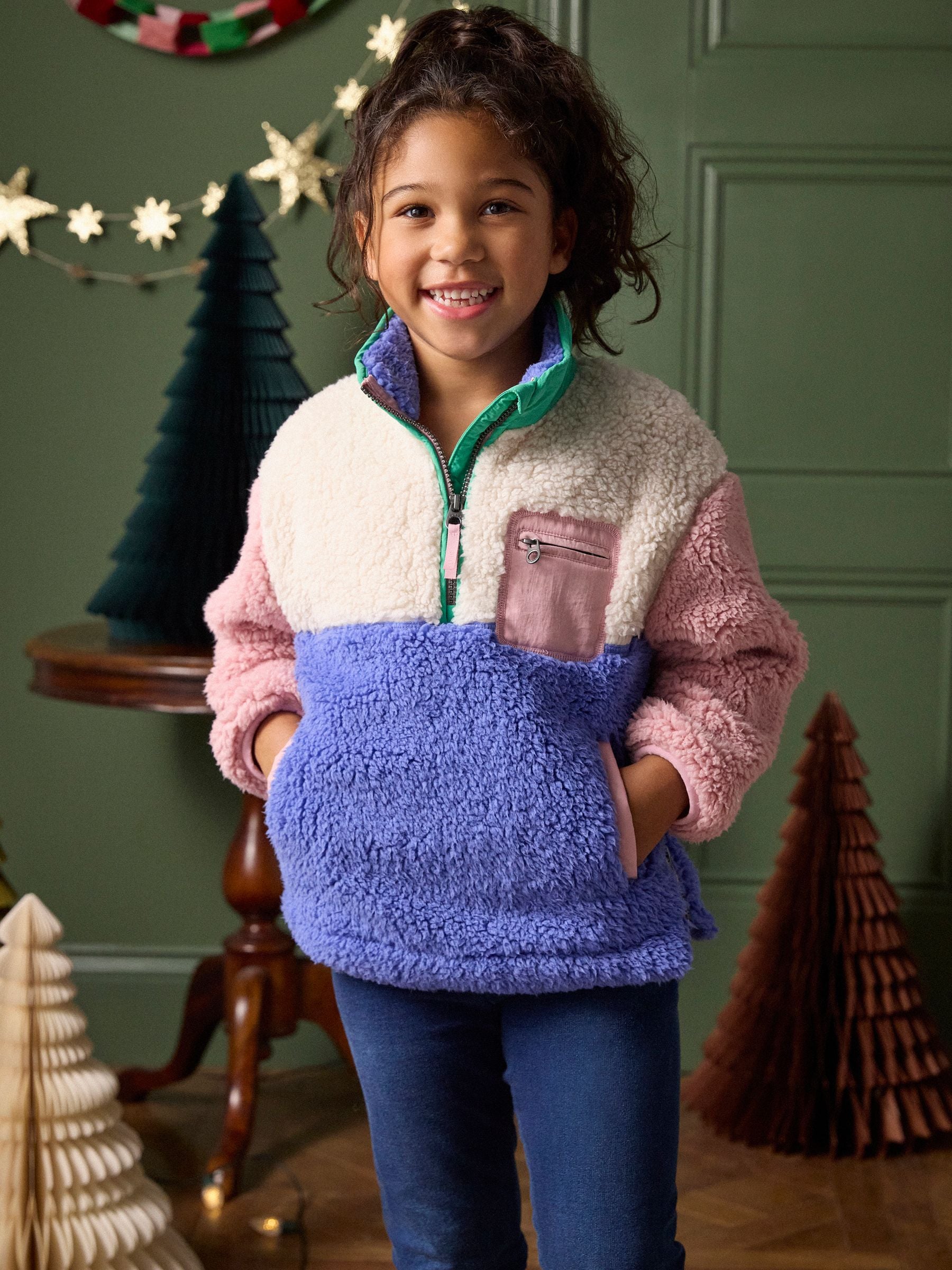 Blauw met kleurvlakken - Joules - Tilly - Fleece met korte rits voor meisjes