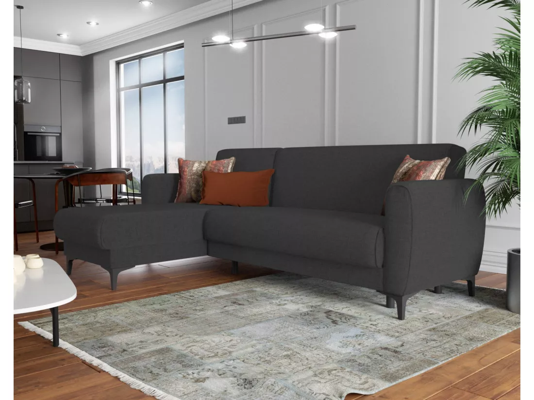 Canapé Dabazo, Canapé d'angle avec péninsule réversible, Canapé de rangement moderne avec méridienne et 3 coussins, 230x153h85 cm, Anthracite