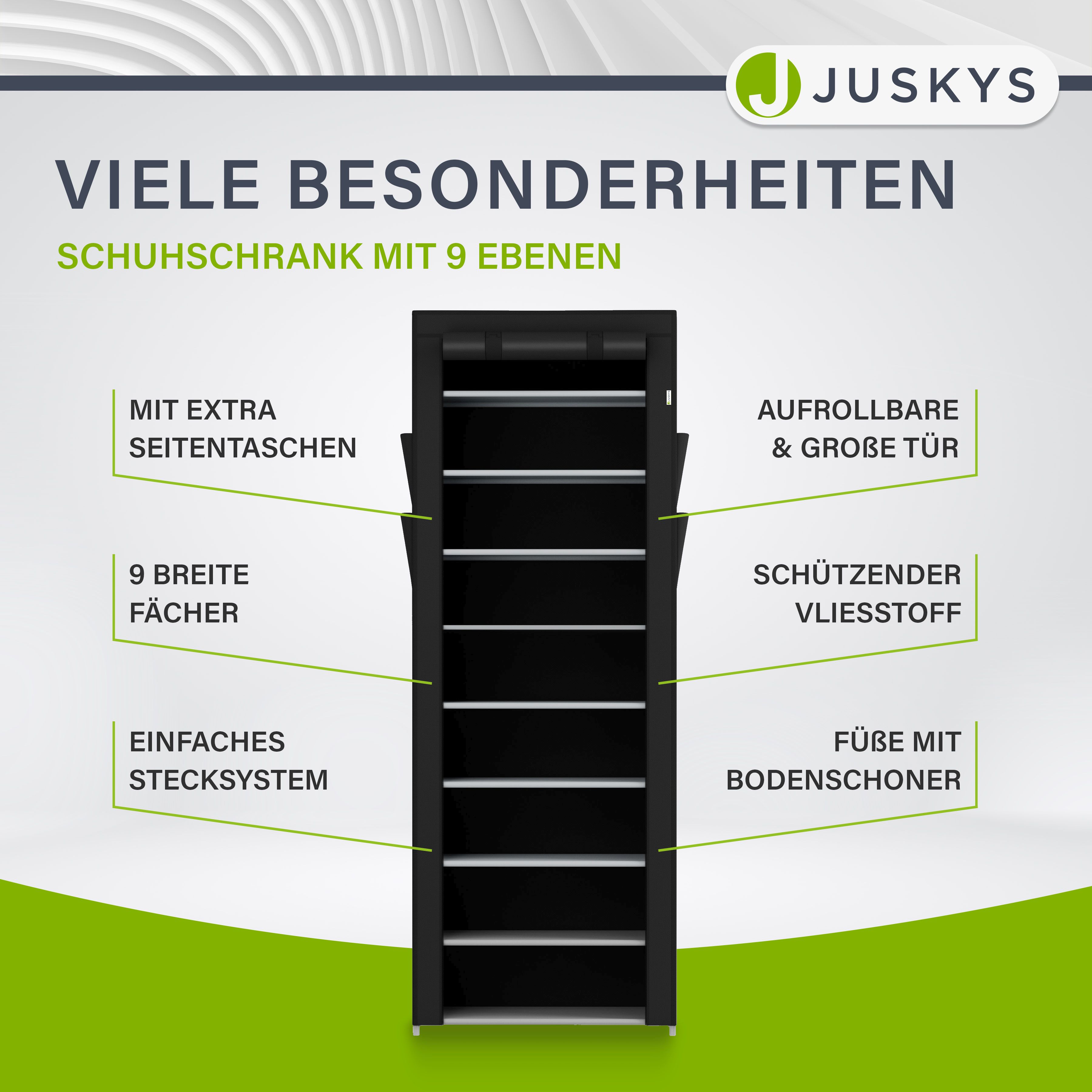 Juskys Schuhschrank M Schwarz mit 9 Ebenen, geschlossen, Stoff-Bezug wasserabweisend, Stecksystem