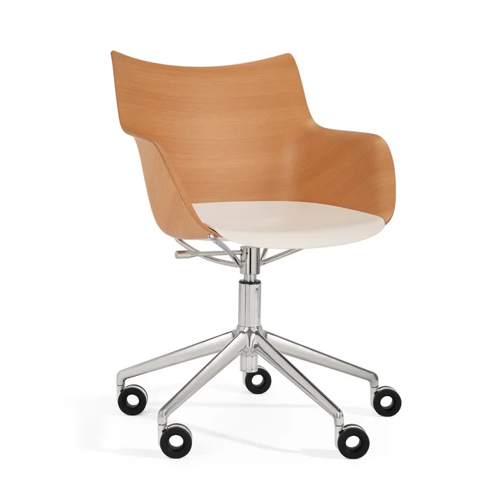 Kartell - Q/Wood Stuhl mit Rollen, verchromt / Buche hell