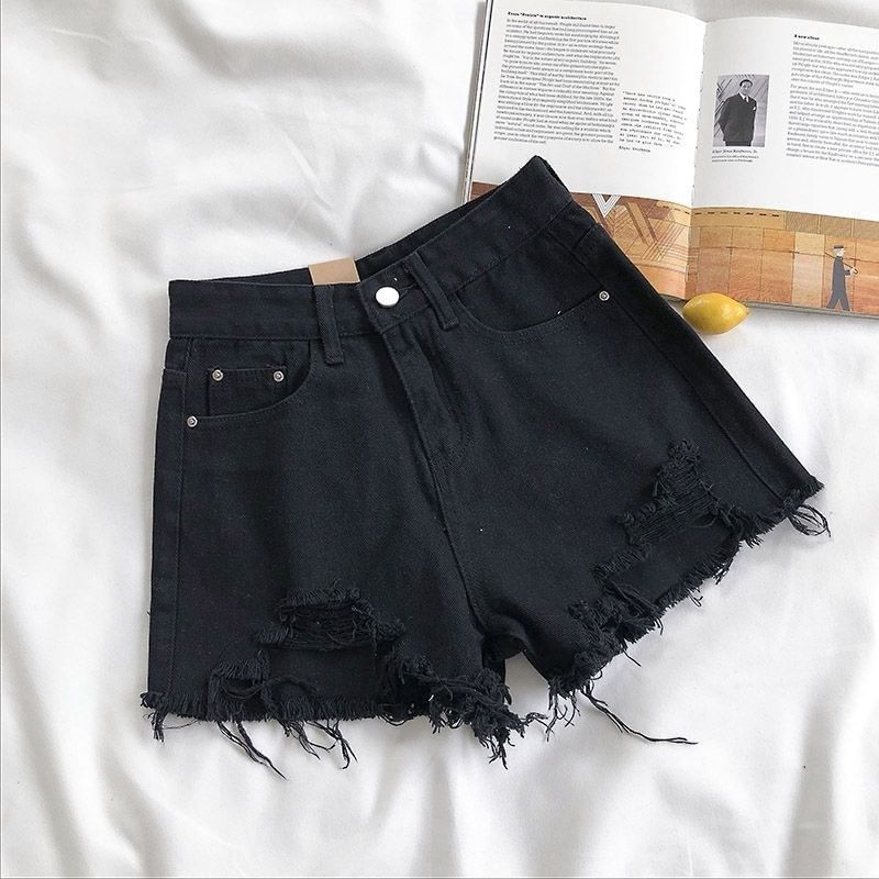 HYAKU - Hoge taille denim shorts met distressed effect
