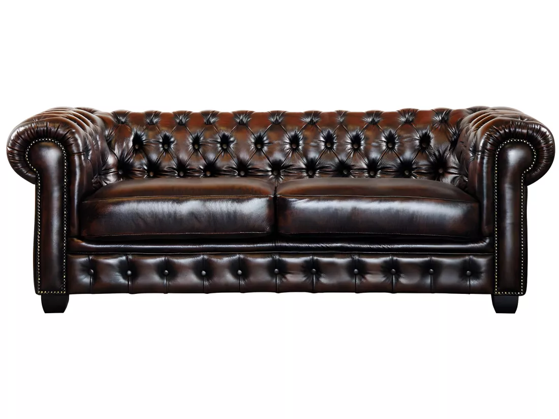 Canapé chesterfield 3 places et un fauteuil BRENTON 100% cuir de buffle - Marron reflets châtains