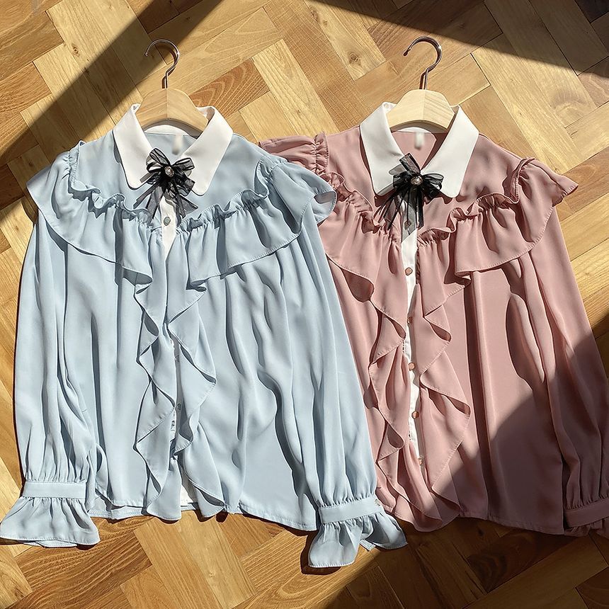 RONIN - Blouse met lange mouwen, kraag en tweekleurige ruches