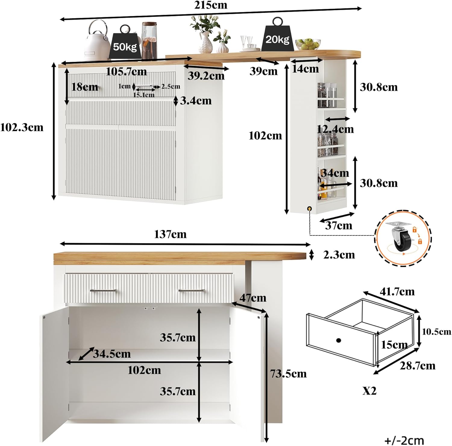 Ausziehbarer Bartisch mit Stauraum(137-215×39×102.3cm) , Moderner Beweglicher Bar Table, Teleskopischer Bartisch mit einer Schublade und zwei Regalen, Hochtisch Kücheninsel Bistro Table(Weiß)