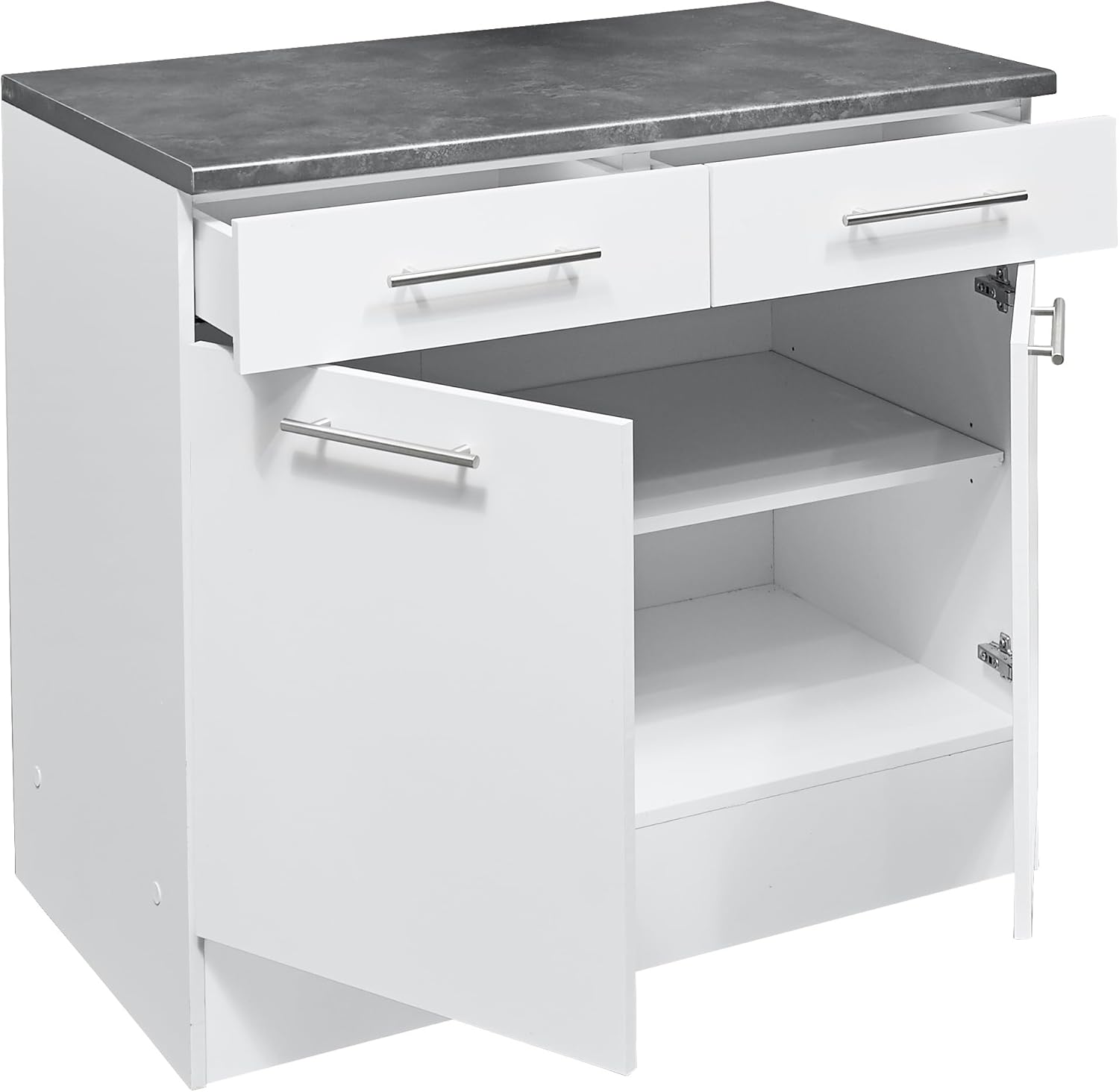 möbelando Eddy Moderner Küchenunterschrank in Weiß matt, Metallic Grau - Geräumiger Unterschrank Küche mit viel Stauraum - 100 x 90 x 60 cm (B/H/T)