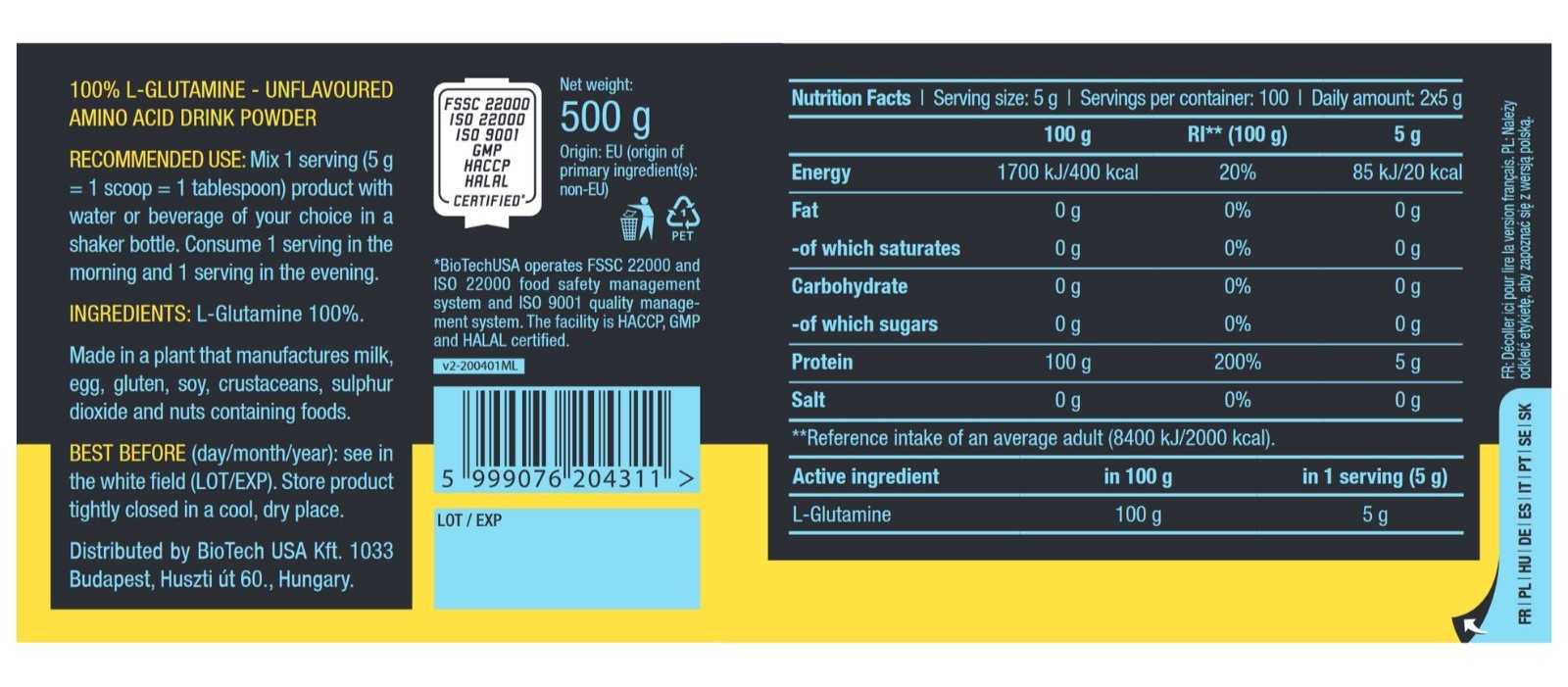 Biotech USA 100% L-Glutamina 240 g