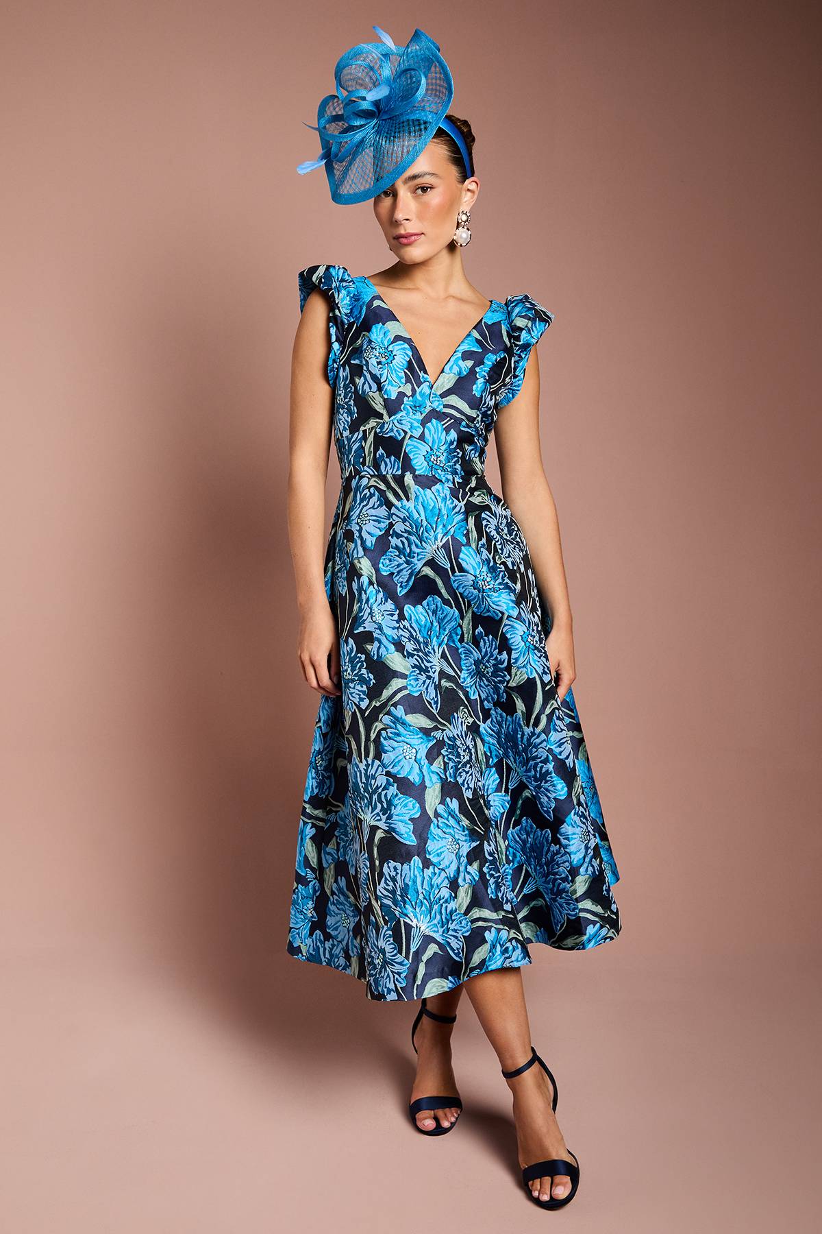 Coast Robe Midi à Col V en Jacquard Fleuri