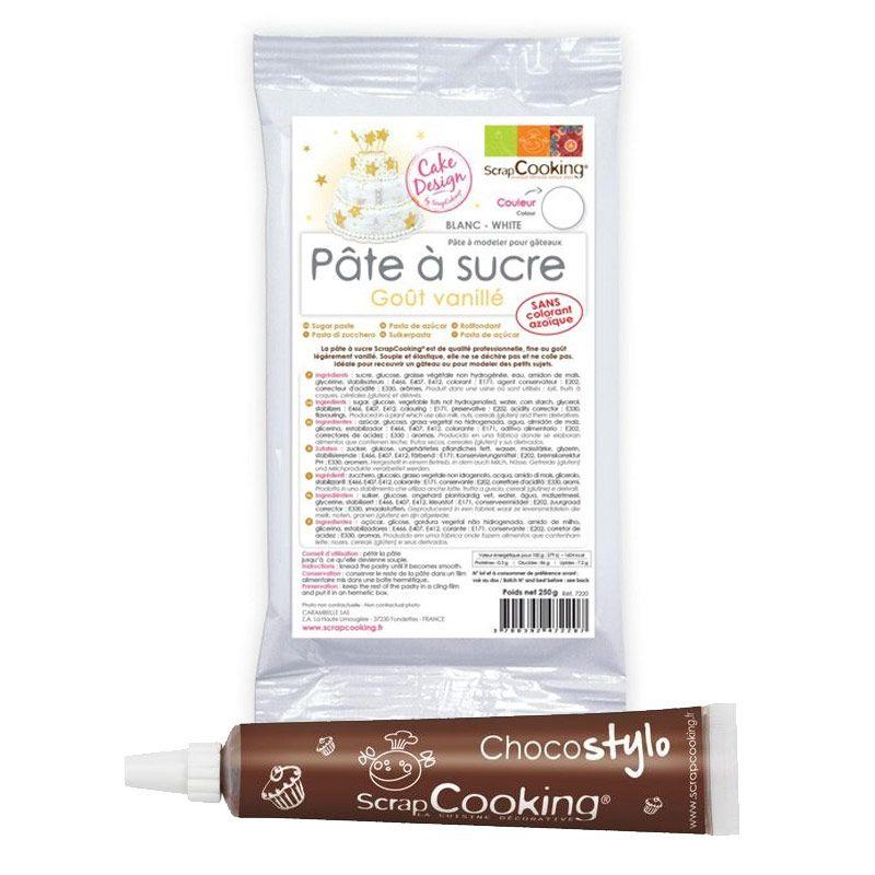 Pâte à sucre blanche arôme vanille 250 g + Stylo chocolat Scrapcooking