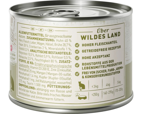 WILDES LAND natvoer voor katten, fazant en kip met veenbessen, met waardevolle superfoods, graanvrij, glutenvrij, 200 g