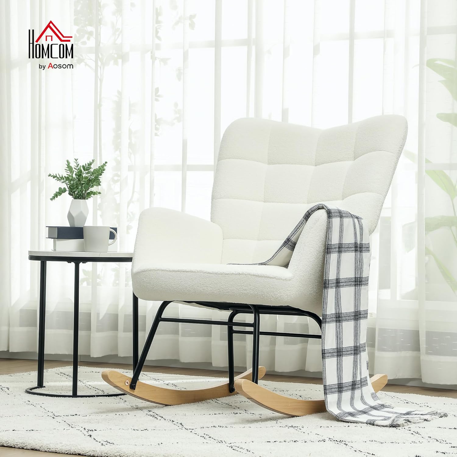 HOMCOM Schaukelstuhl, Schaukelsessel mit Berbervliesoptik, Armlehne, Gepolsterter Sessel mit Holzkufen, Relaxsessel für Wohnzimmer, Schlafzimmer, bis 120kg belastbar, Weiß