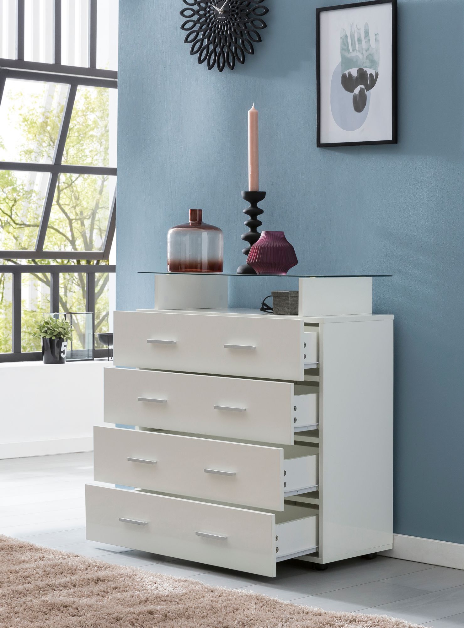 FineBuy Sideboard Weiß Kommode Hochglanz Schubladenschrank 76x84x35 cm