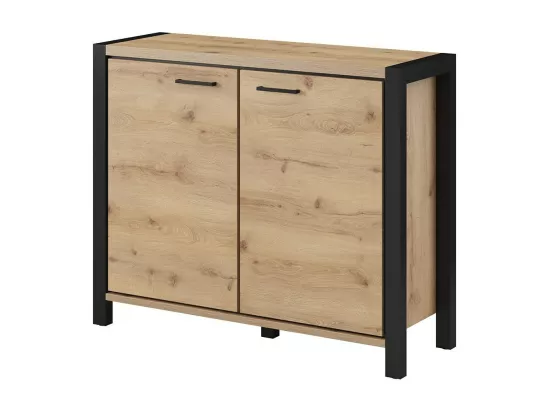 Buffet petit modèle 110cm collection BOWIE avec 2 portes coloris chêne et noir.