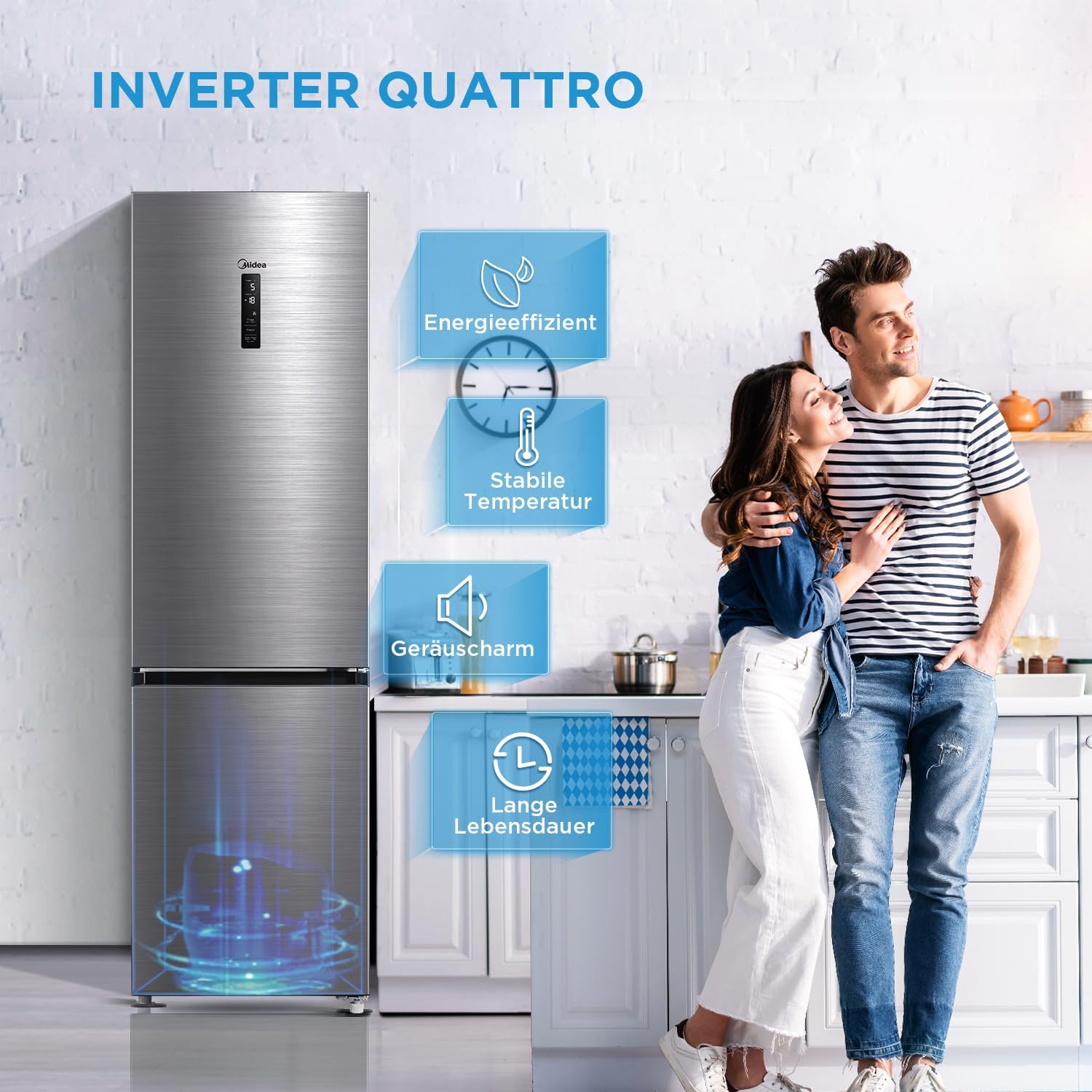 Midea MDRB521MIC46A Kühl-/Gefrierkombination/No Frost/WiFi-Steuerung/Inverter Kompressor/201 cm hoch / 59,5 cm breit /70 cm tiefe/177 kWh/Jahr/256 L Kühlteil/122 L Gefrierteil, Front Inox