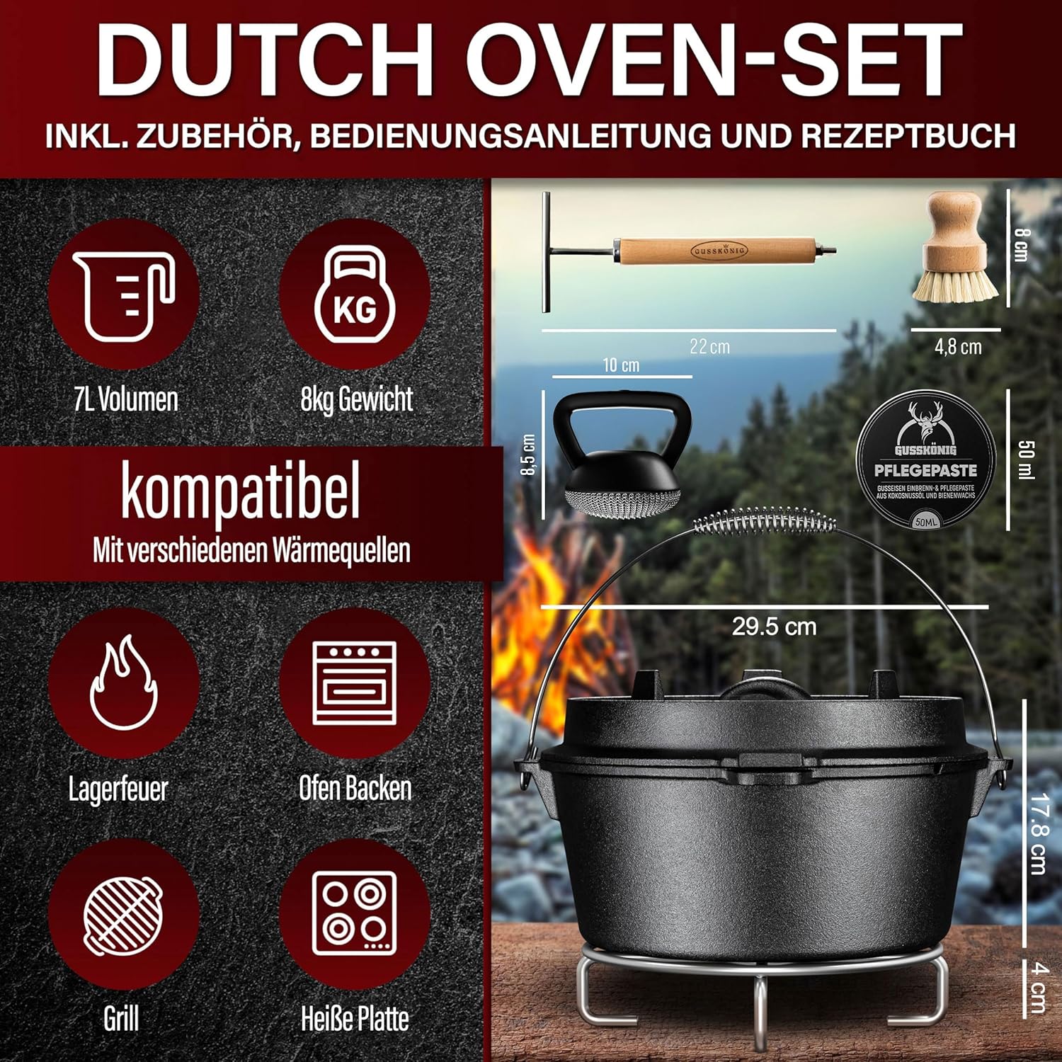 Dutch Oven Set–Eingebrannter Dutch Oven 7L–Feuertopf Gusseisen ohne Füß–Schmortopf Doppelfunktion-2in1 Deckelheber,Untersetzer,Schrubber,Pflegepaste,Bürste & Rezeptbuch-30 Jahre Garantie