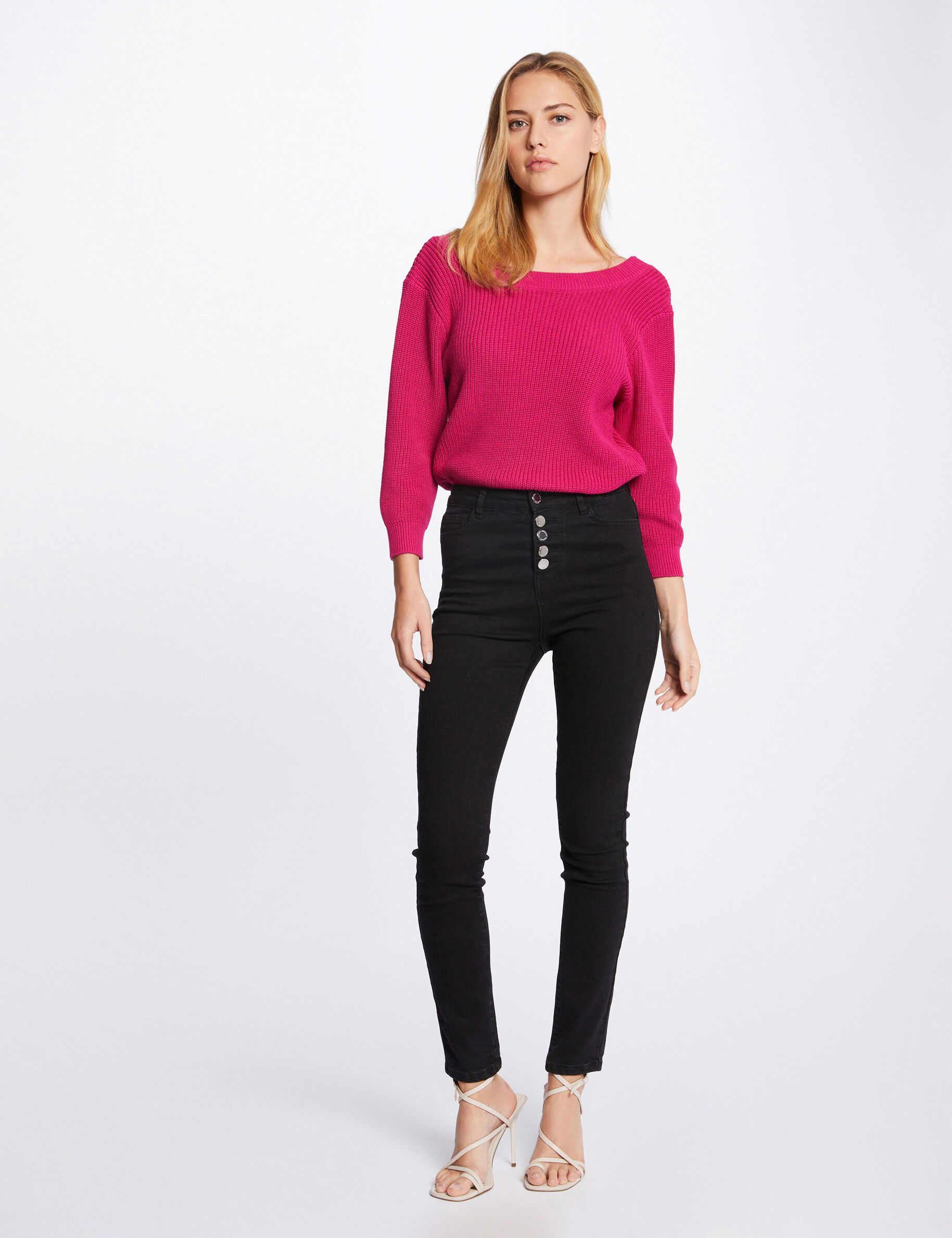 Pull manches 3/4 avec dos en V rose fonce femme - rose_fonce