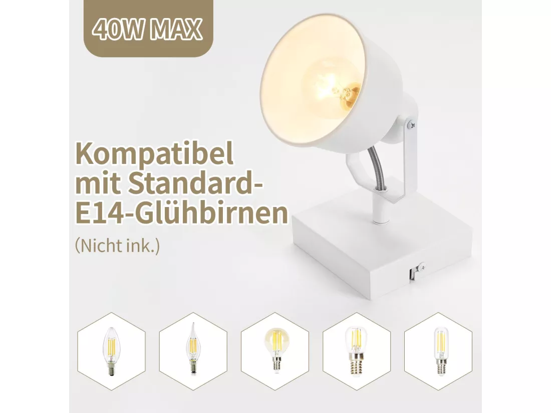 NETTLIFE Spot de plafond 1 flamme applique vintage E14 design rétro de haute qualité orientable 350° MAX.40W