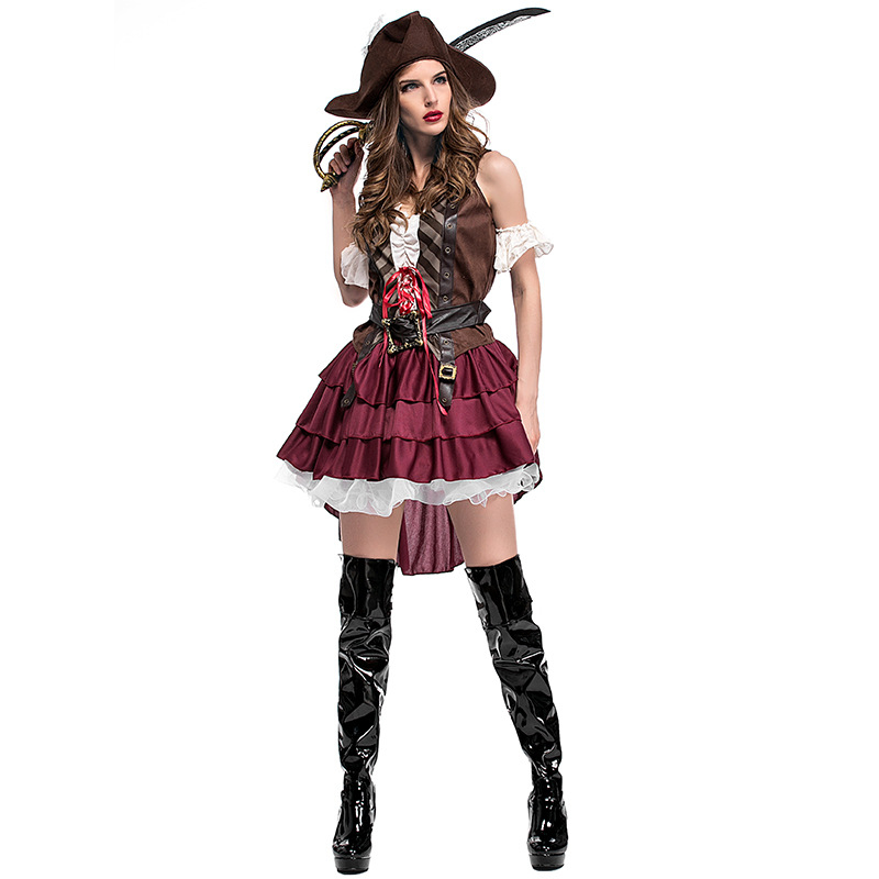 (160-165cm) Fasnachts Erwachsenen Kostüm Karibische Piratin Verkleidung für Motto Partys / Halloween inkl. Hut / Feder - Braun