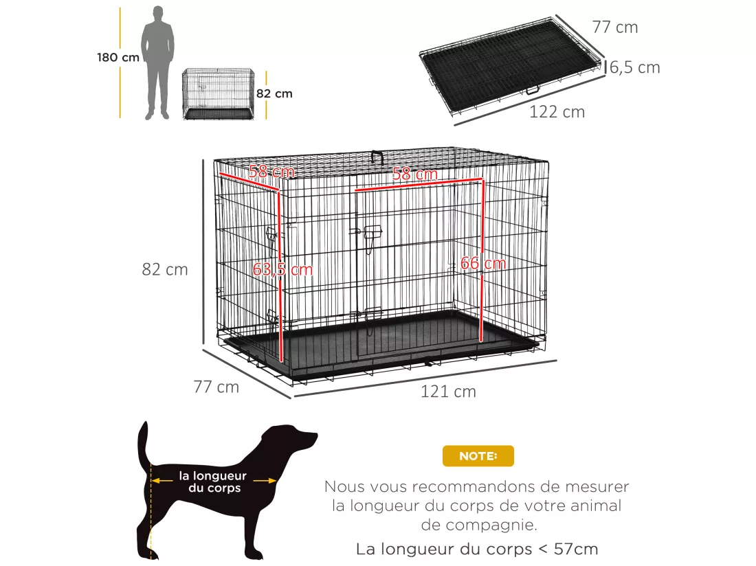 Cage de transport pour chien pliable - 2 portes verrouillables - plateau amovible - dim. 121L x 77l x 82H cm - acier ABS noir