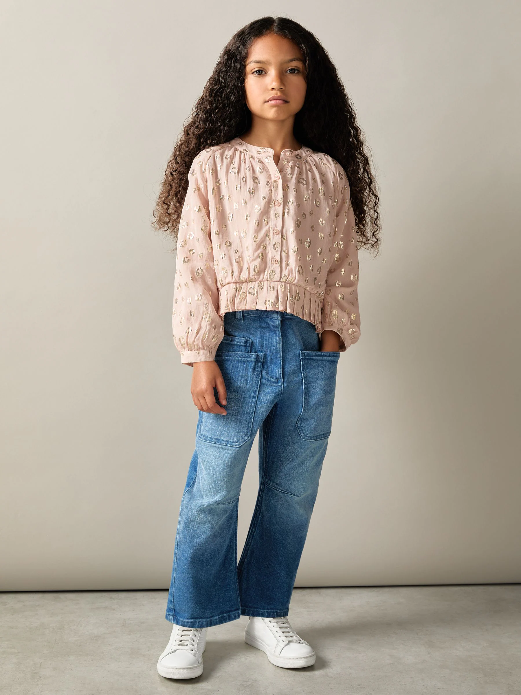 Reiss Ellen Metallic Print Puff Sleeve Ruffle Top