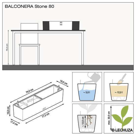 Jardinière balconera stone en plastiquenoir - 79x19x19 cm
