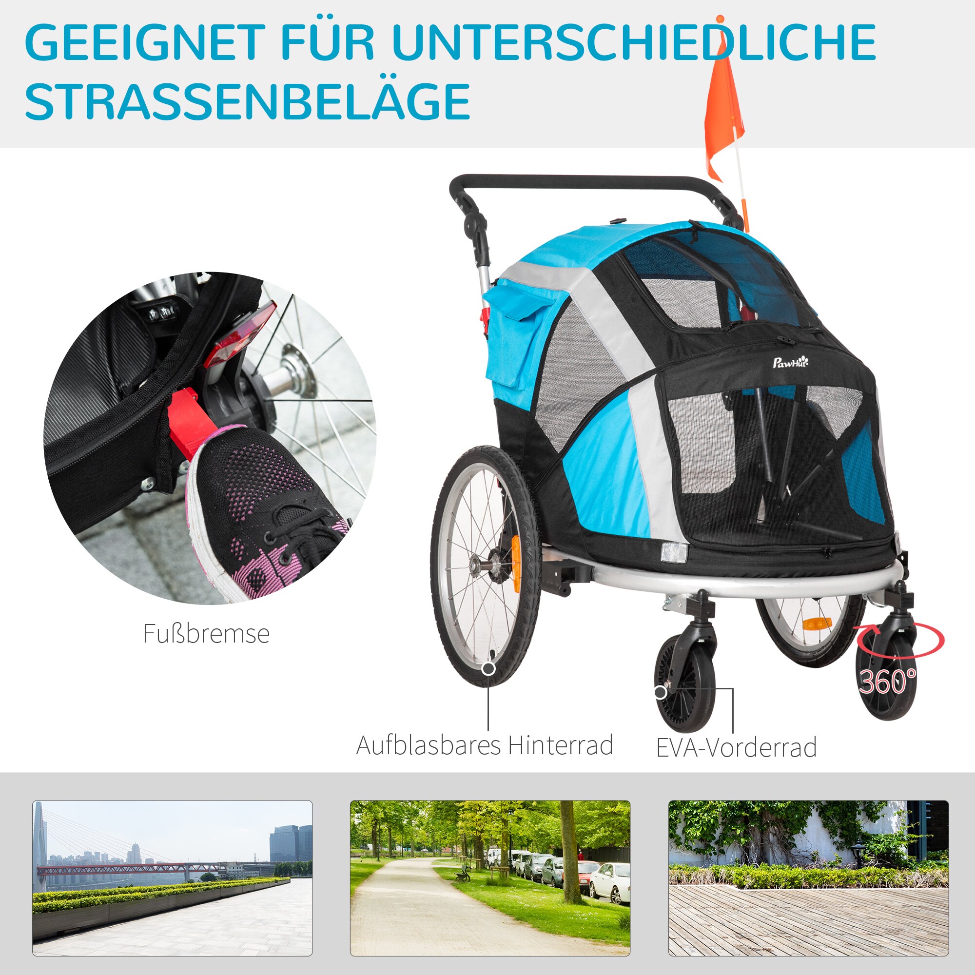 PawHut Hundeanhänger inklusive Reflektoren und Flagge bunt 150L x 82B x 108H cm