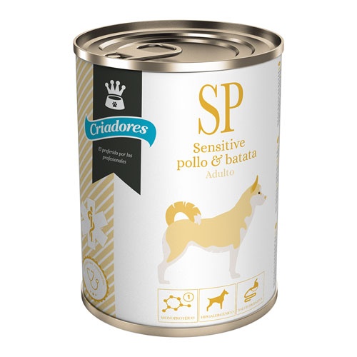 Ração enlatada Breeders Dietetic Adult Sensitive com frango e batata-doce para cães.