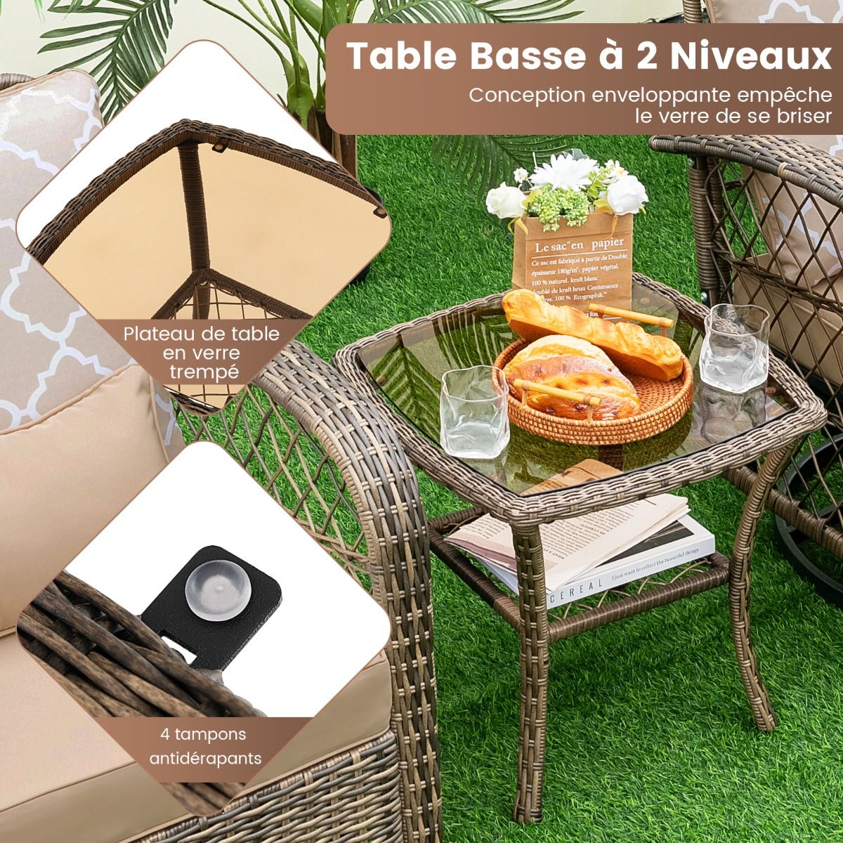 Salon de Jardin Extérieur 3PCS - 2 en Fauteuils à Bascule Pivotant à 360°Rotin PE Cadre Métal our Terrasse Balcon - Lidl-Manfred