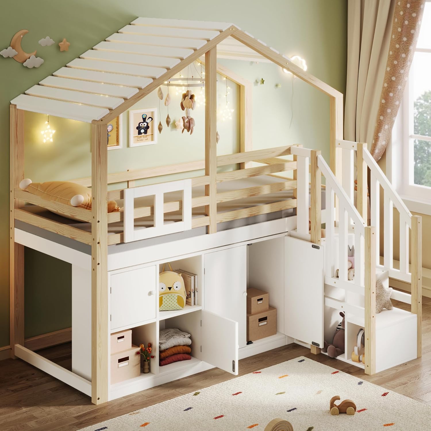 Kinderbett Hochbett 90x200 cm mit Dach und Treppe, Hausbett Etagenbett mit Rausfallschutz und Stauraum, Einzelbett Holzbett mit Fenster und Stauschrank, Weiß+Natur, Ohne Matratze