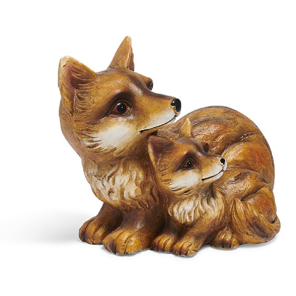 Renard et son bébé décoration marron et blanc en résine