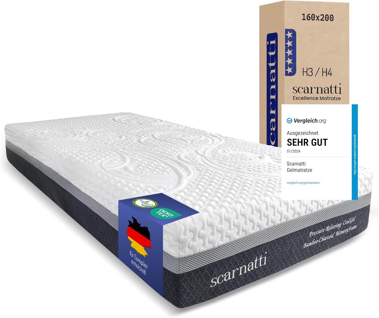 Matratze 160x200, Kaltschaummatratze TESTSIEGER, 27 cm Höhe – 7-Zonen Memory mit Cool Gel, H3–H4, kein Schwitzen, Keine Bewegungsübertragung, grünem Tee & Bambuskohle, Bezug waschbar