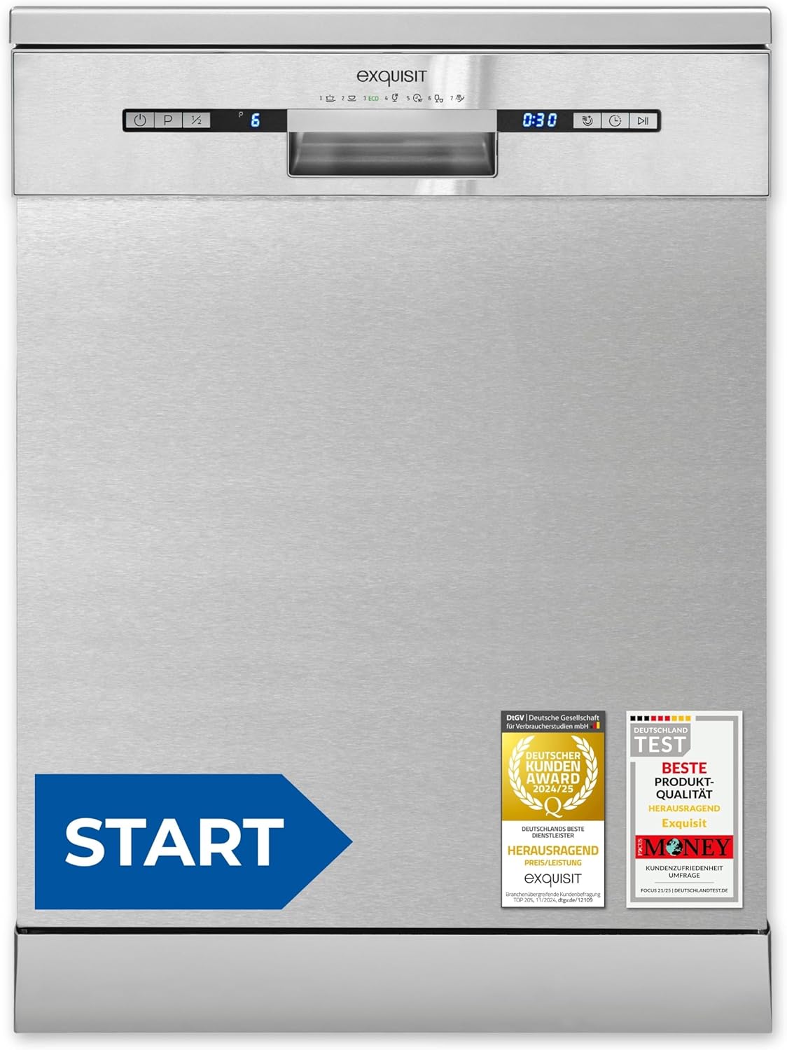 Exquisit START Geschirrspüler 60 cm, 13 Maßgedecke, Unterbaufähig, 11 Liter, Startzeitvorwahl, Restlaufanzeige, 7 Spülprogramme, GSP9313-030E inox