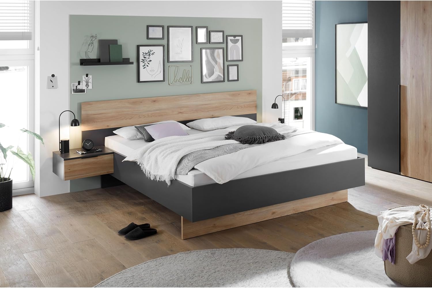 Stella Trading ASKA Stilvolle Doppelbett Bettanlage mit Nachtkommoden 180 x 200 cm - Schlafzimmer Komplett-Set in Graphit, Mauvella Eiche Optik - 285 x 95 x 205 cm (B/H/T)