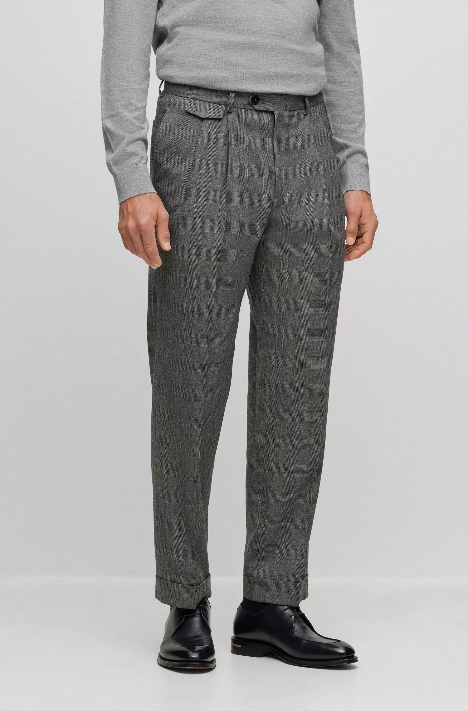 Calça BOSS Camel de corte relaxado em lã elástica xadrez.