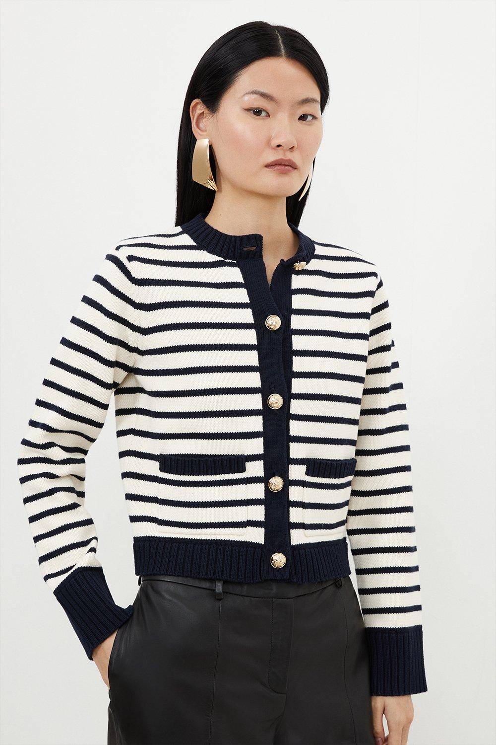 KarenMillen Cardigan en tricot court en coton à rayures et à coupe boxy