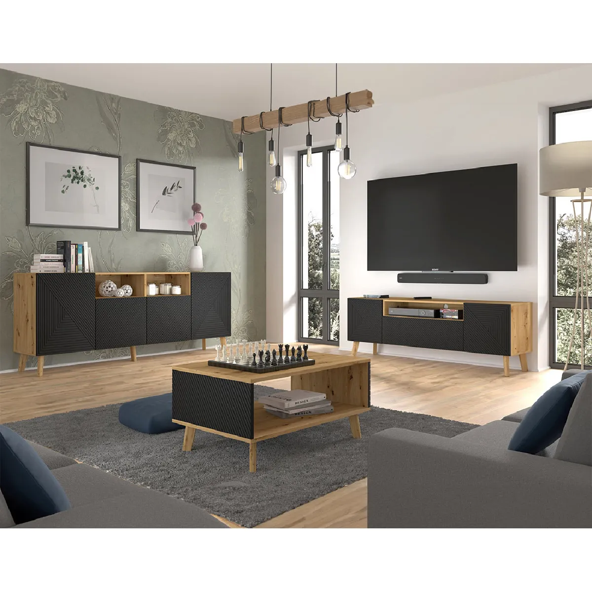 BestMobilier Velato Meuble TV 160 cm Bois Noir