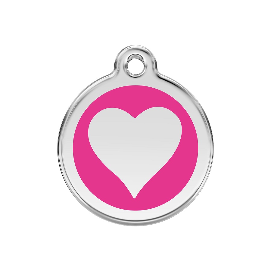 Placa de identificação para cães em aço inoxidável esmaltado com um coração rosa choque