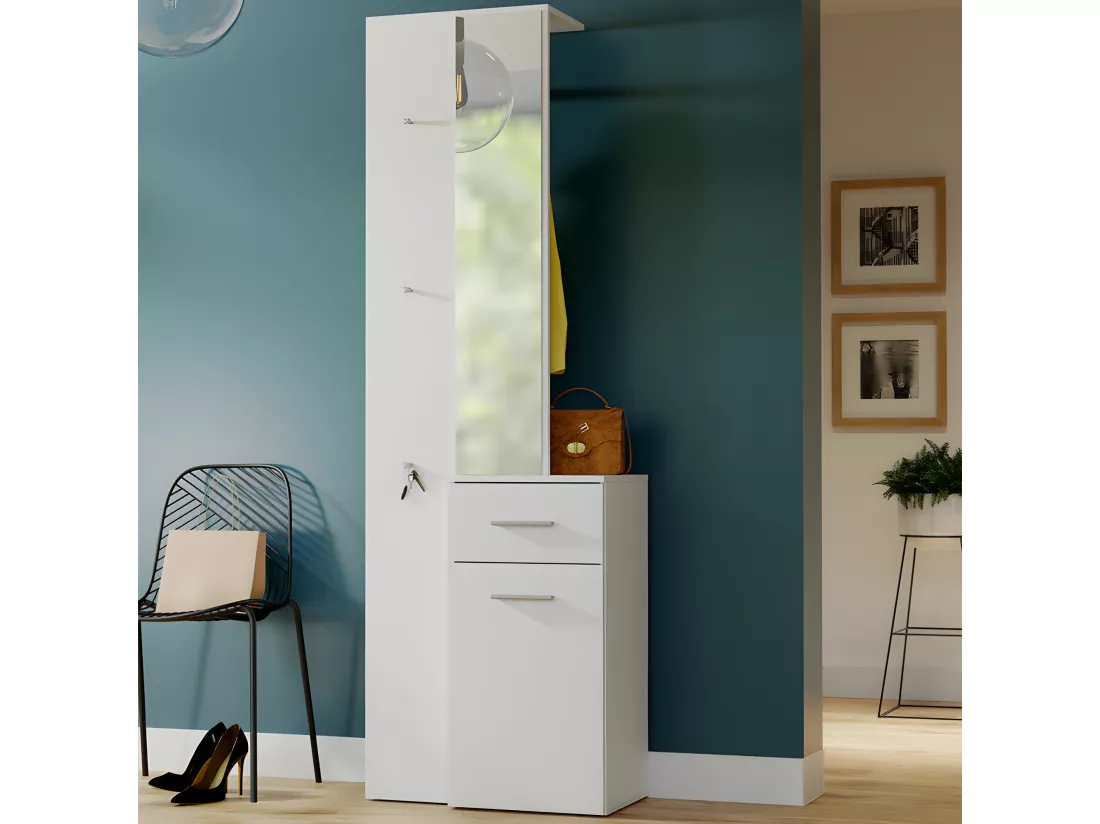 Meuble d'entrée blanc avec miroir et rangements - NINA